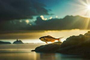 foto fondo de pantalla el cielo, pez, atardecer, el mar, el sol, el mar, el. generado por ai