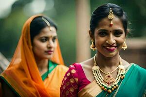 dos mujer en tradicional saris sonriente. generado por ai foto