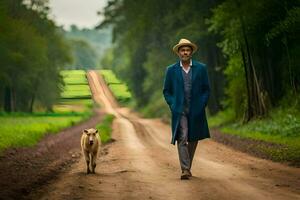 un hombre en un azul Saco y sombrero caminando abajo un suciedad la carretera con un perro. generado por ai foto