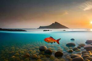 un pescado nadando en el Oceano con rocas y rocas generado por ai foto