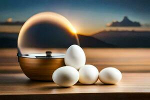 eggs on a table with a sunset in the background. AI-Generated photo