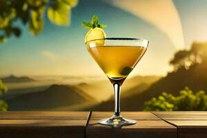 cocktail on a wooden table with mountains in the background. AI-Generated photo