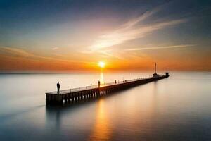 a long pier with a man standing on it. AI-Generated photo