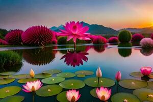 pink lotus flowers in the water at sunset. AI-Generated photo