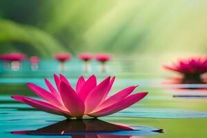 rosado loto flores flotante en el agua. generado por ai foto