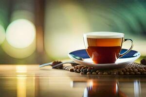 a cup of coffee on a wooden table. AI-Generated photo