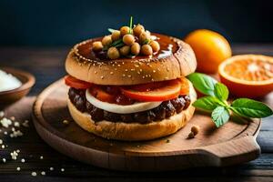 a hamburger with tomatoes, cheese and olives on a wooden board. AI-Generated photo