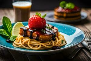 the food is served on a plate with a fork and a knife. AI-Generated photo
