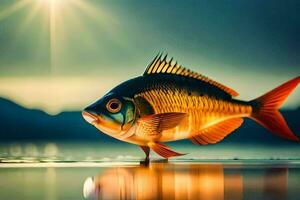 a fish is standing on the water with the sun in the background. AI-Generated photo