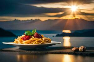 pasta with tomatoes and basil on a plate with a view of the lake. AI-Generated photo