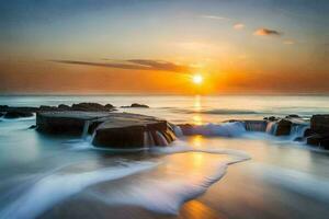 the sun sets over the ocean in this long exposure photograph. AI-Generated photo