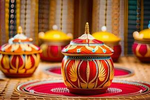 a table with colorful vases and plates. AI-Generated photo