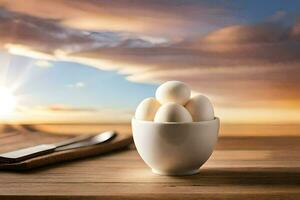 huevos en un taza en un mesa con un puesta de sol en el antecedentes. generado por ai foto