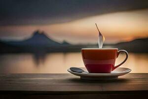 a cup of coffee on a wooden table with a view of the lake. AI-Generated photo