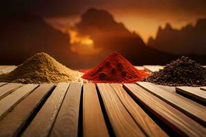 three different types of spices on a wooden table. AI-Generated photo
