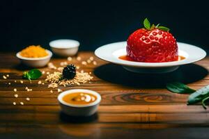 a strawberry dessert with a spoon and a bowl of sauce. AI-Generated photo