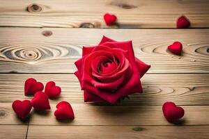 a red rose on a wooden table with hearts. AI-Generated photo