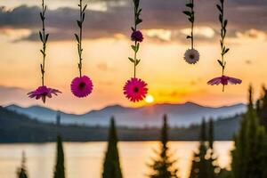 sunset over the lake, flowers, flowers, flowers, flowers, flowers, flowers, flowers. AI-Generated photo