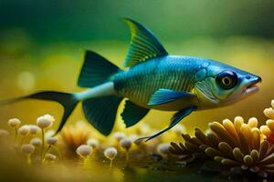 un pescado con azul y blanco rayas nadando en el agua. generado por ai foto