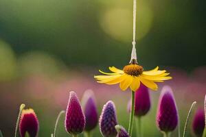 a yellow flower hanging from a string in front of purple flowers. AI-Generated photo