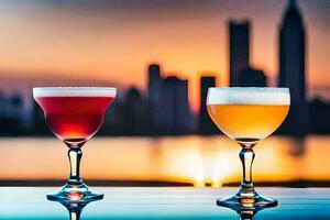 two glasses of alcohol are sitting on a table in front of a city skyline. AI-Generated photo