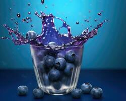 Blueberry falling in a glass of juice. Sweet juice splashes. Fruit drinks advertising product concept. Isolated on blue studio background. AI Generated photo