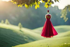 a red dress hanging from a tree in the middle of a field. AI-Generated photo