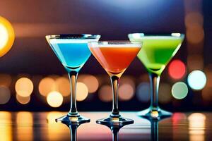three different colored cocktails on a bar counter. AI-Generated photo