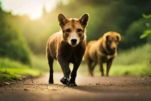 two dogs walking down a road in the sun. AI-Generated photo