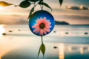 a pink flower is hanging from a wind chime in front of the ocean. AI-Generated photo