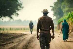 a man walking down a dirt road with two women. AI-Generated photo