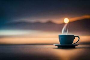 a cup of coffee on a table in front of a beautiful sunset. AI-Generated photo
