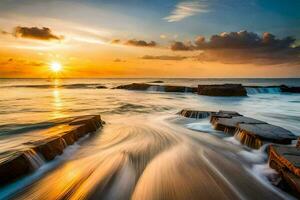 the sun sets over the ocean in this long exposure photograph. AI-Generated photo