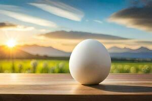 an egg sitting on a table in front of a field. AI-Generated photo