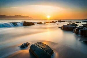 the sun sets over the ocean in this long exposure photograph. AI-Generated photo