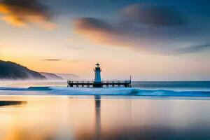 a lighthouse stands on the beach at sunset. AI-Generated photo