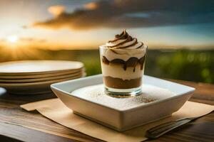 el postre es servido en un blanco cuenco con un cuchara y un plato de platos. generado por ai foto