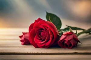 two red roses laying on a wooden table. AI-Generated photo