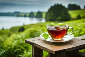 a cup of tea on a wooden table overlooking a lake. AI-Generated photo