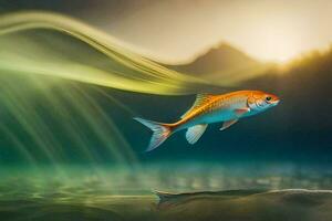 a fish swimming in the water with a wave in the background. AI-Generated photo