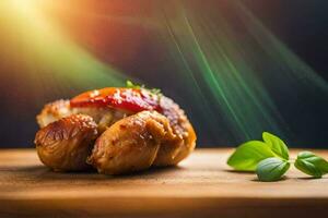 a piece of chicken with tomato sauce on a wooden cutting board. AI-Generated photo
