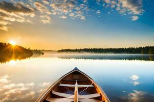 a canoe is floating on the calm waters of a lake at sunrise. AI-Generated photo