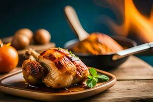 a chicken on a plate with a sauce and a pan. AI-Generated photo