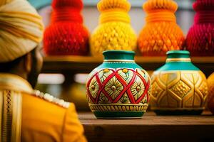 a man in a turban is looking at colorful vases. AI-Generated photo