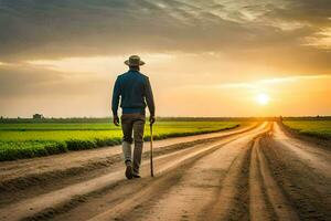 a man walking on a dirt road at sunset. AI-Generated photo