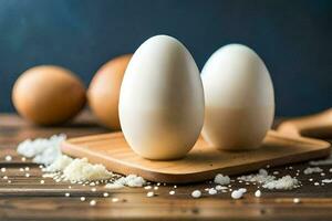 two eggs on a cutting board with salt. AI-Generated photo