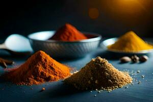 various spices and spices on a dark table. AI-Generated photo