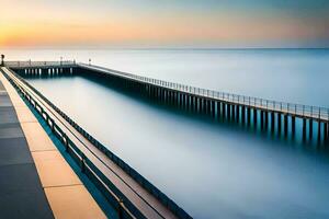 un largo muelle con un largo muelle a puesta de sol. generado por ai foto