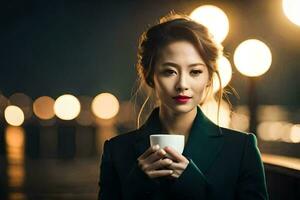 un mujer participación un taza de café en frente de un ciudad a noche. generado por ai foto