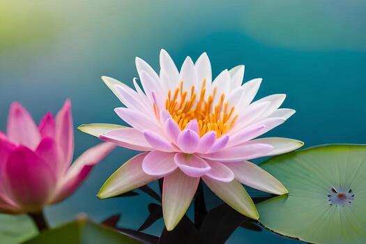 dos rosado agua lirios son en el agua. generado por ai foto